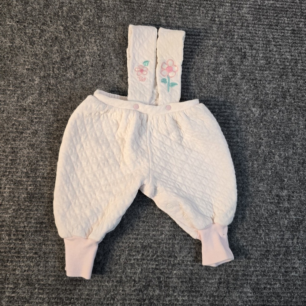 Vintage Baby Dior 3 Months White Pink Floral Embroidered Overalls Romper USA